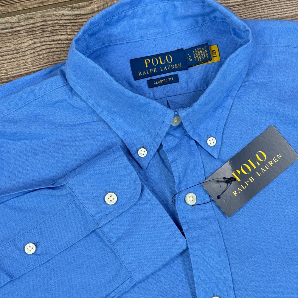 Polo Ralph Lauren Mens Large Button Down Shirt Blue Linen Blend Classic Fit NEW - Picture 1 of 7